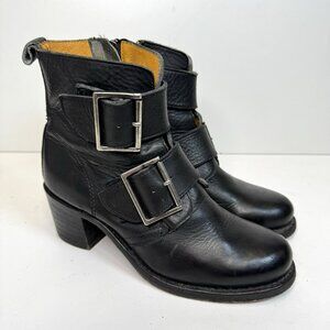 Vintage Frye Boots Sabrina Double Buckle Womens Size 7.5 Black Leather Moto